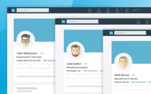 Graphic showing multiple active LinkedIn sender profiles for account rental services, illustrating diverse professional networking opportunities.